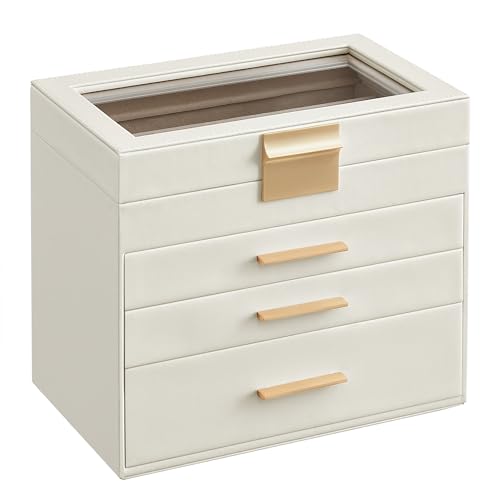 SONGMICS Jewelry Box Organizer, 4-Layer Storage with 3 Drawers, Glass Lid - color: Cloud White+Gold, size: 4 Layer (6"d X 9.9"w)