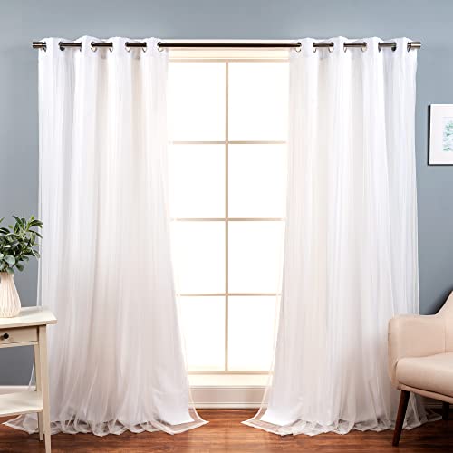 Best Home Fashion Set of 2 Lace Tulle Overlay Thermal Insulated Solid Blackout, Stainless Steel Nickel Grommet Window Panels for Bedroom, Living Room, Dining Room - 52" W x 63" L, White - color: White, size: 52"W x 63"L (Pack of 2)