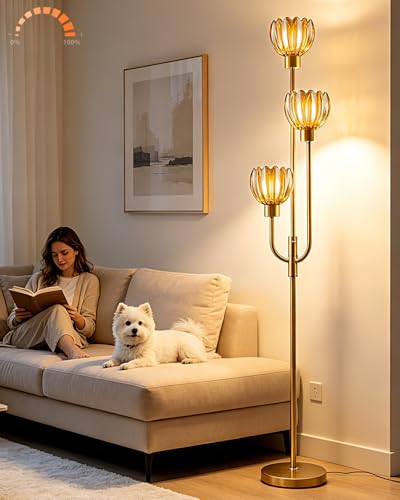 Modern Glass Floor Lamp 66IN 3-Light Amber Glass Gold Dimmable Floor Lamps - color: Amber Lotus-Gold