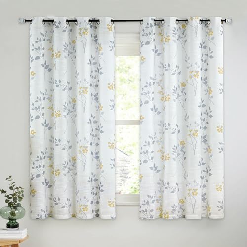 Beauoop Floral Linen Semi Sheer Curtains Living Room Yellow Grey 50x54x2 - color: Grommet | Yellow and Grey, size: 50"W x 54"L (Pack of 2)