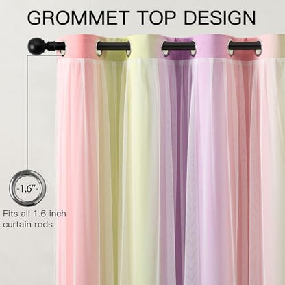Pink Yellow Purple Blackout Curtains with Sheer Overlay for Girls Bedroom - color: Blackout-pink Purple Yellow, size: 34"W x 63"L (Pack of 2)