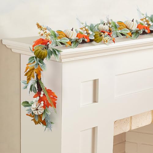 GarveeHome Fall Garland for Mantel, 6 ft Autumn Pumpkin Garland with Maple Leaves for Table Centerpiece Fall Thanksgiving Decorations Indoor Outdoor Fireplace Home Decor