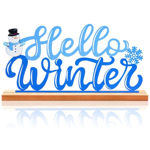 Metal Hello Winter Table Sign Winter Tiered Tray Decor with Wooden Base Freestanding Rustic Table Decor for Home Tabletop Centerpiece Mantel Shelf Fireplace Decoration (Blue) - color: Blue