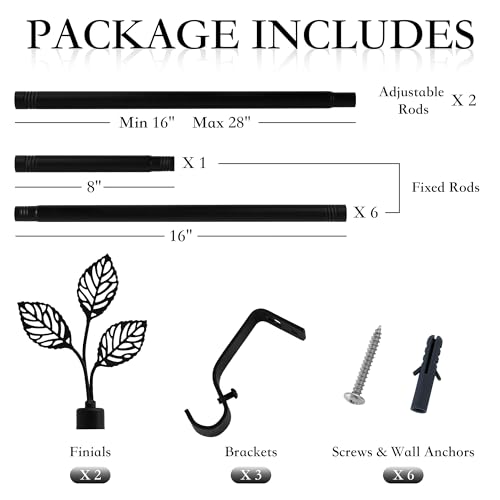 RYB HOME Black Curtain Rod, 1 Inch Long Adjustable Heavy Duty Leaf Ends - color: Matt Black, size: 72-144"