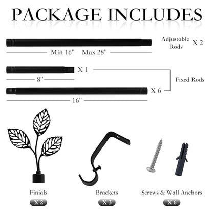 RYB HOME Black Curtain Rod, 1 Inch Long Adjustable Heavy Duty Leaf Ends - color: Matt Black, size: 72-144"
