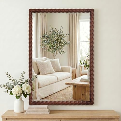 36"x24" Rectangular Solid Wood Farmhouse Decorative Wall Mirror - color: Walnut Color, size: 36"L x 24"W