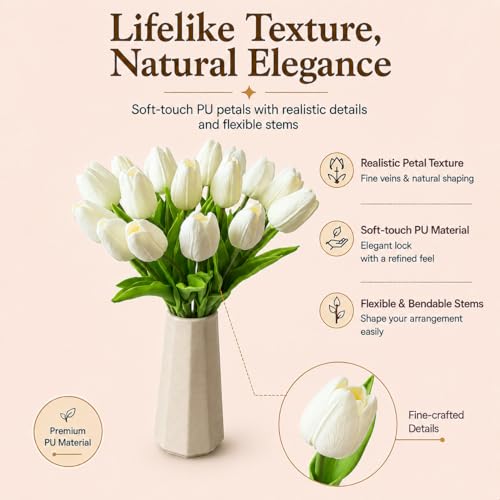 Mandy's 20 Stems Pure White Artificial Tulip Flowers for Home Centerpieces - color: Pure White
