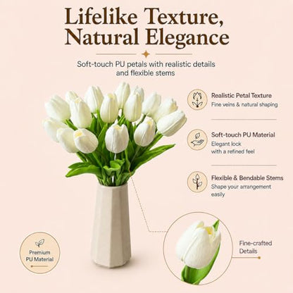 Mandy's 20 Stems Pure White Artificial Tulip Flowers for Home Centerpieces - color: Pure White