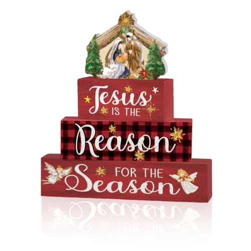 Smile 4 Pcs Wooden Christmas Block Signs, Jesus Nativity Scene Decor - style: Jesus Nativity