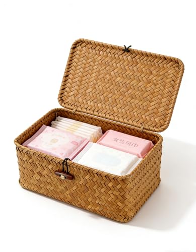 YRHOME Seagrass Rattan Basket Storage with Lid, Natural Hand-woven Rectangular Household Basket Bins for Organizer Boxes Shelf Desk (Original 10.2’’D X 6.7’’W X 4.3’’H)