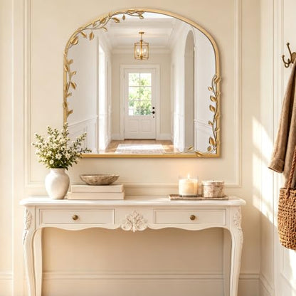 Besdomus Arched Wall Decorative Mirror: 32"x30" Ornate Brass Gold Mirror - size: 32"L x 30"W