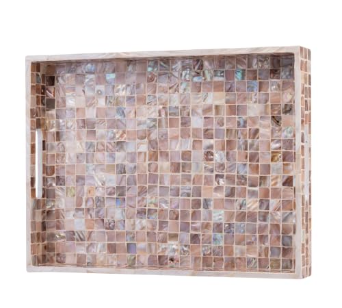 PEMAR Mother of Pearl Tray 15.7x11.8 Rectangle Handcrafted Serving Tray - color: Artisan Brown Mosaic
