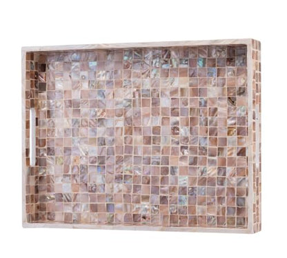 PEMAR Mother of Pearl Tray 15.7x11.8 Rectangle Handcrafted Serving Tray - color: Artisan Brown Mosaic