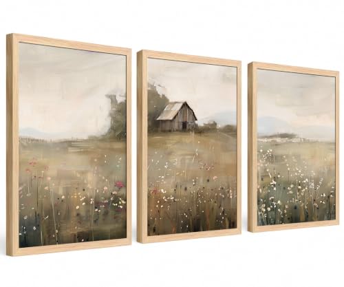 Landscape Wall Art Set of 3, Farmhouse Nature Painting Print - color: Red Wildflower Cottage, size: 12x16 Inches