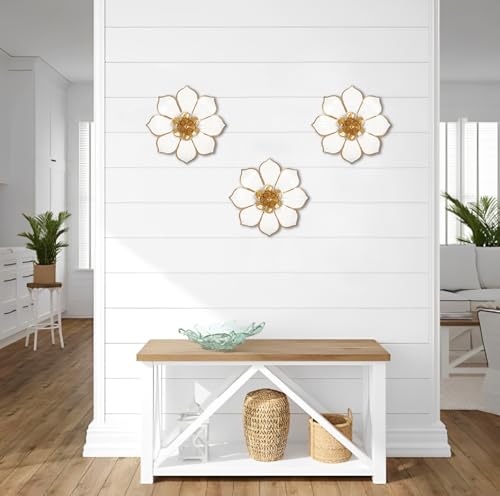 Villa Como Set of 3 White and Gold Metal Flowers Wall Art Decor 10" - color: # 3 White and Gold