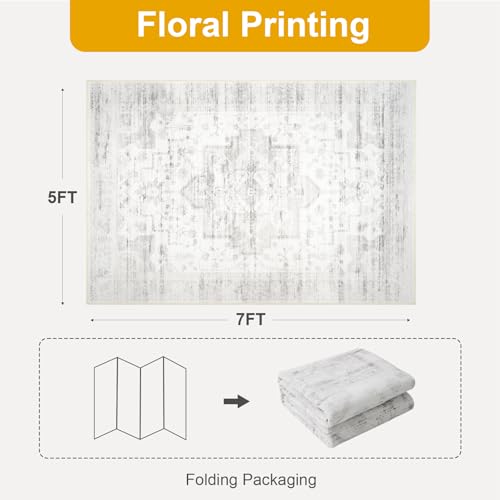 5x7 Vintage Area Rug for Bedroom Living Room, Machine Washable Non Slip Indoor Rug, Thin Throw Floral Floor Low Pile Distressed Carpet for Dining Room Farmhouse Office Light Taupe - color: Light Taupe, size: 5' x 7' (Rectangular)