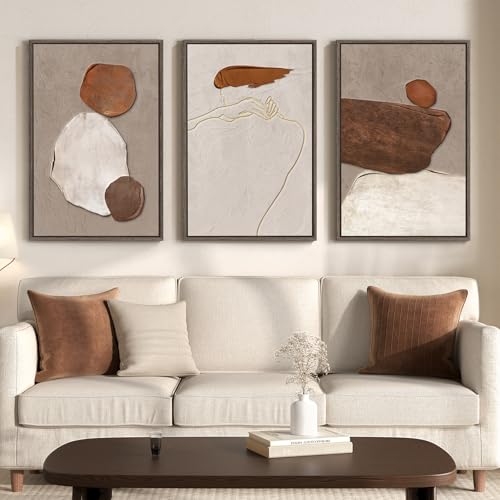 Large Framed Beige and Brown Neutral Abstract Wall Art, Set of 3, 20x30 In - color: Earthy, size: 20" W x 30" H x 3pcs