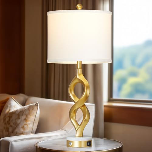 Cinyirong 30" White and Gold Table Lamp for Living Room, Modern Touch Control Bedside Lamp for Bedroom, 3-Way Dimmable Sculptural Resin Nightstand Lamp with USB A+C Ports and 1 LED Bulb (1 Pack) - color: White & Gold (1 Pack)