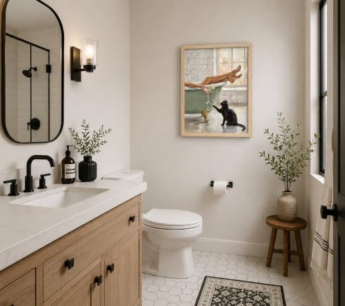Framed Black Cat Bathtub Canvas Wall Art Poster Prints 12×16In1P Be Hung - color: bathroom-1, size: 12×16in