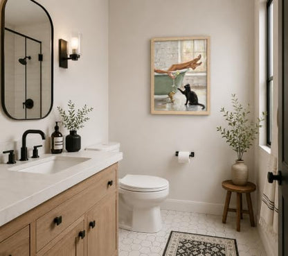 Framed Black Cat Bathtub Canvas Wall Art Poster Prints 12×16In1P Be Hung - color: bathroom-1, size: 12×16in