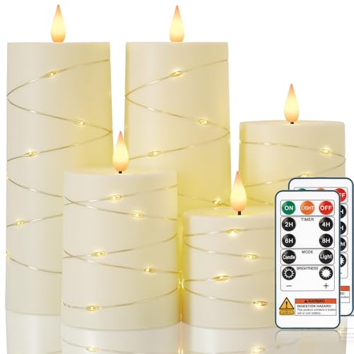 Raycare Ivory Flameless LED Pillar Candles Battery Operated Remote Timer - color: 5pcs-Ivory