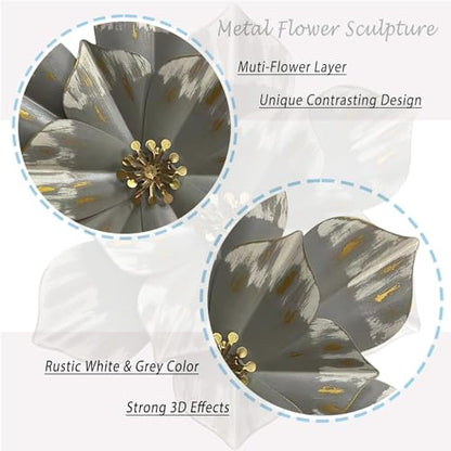 Metal Flower Wall Sculpture,12.5" Gradual Grey Gold Rustic Modern Floral - color: 01B-Grey