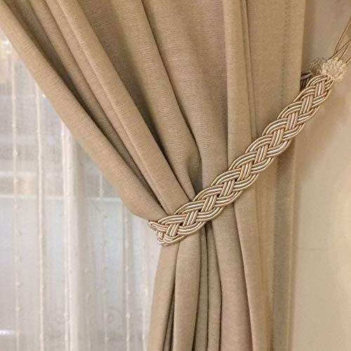 Home Queen Hand Braided Curtain Tie Back, Buckle Holdback Drapery Curtain Tiebacks, 4 Rope Belt Curtain Tie with 4 Metal Hooks, Beige and Silver - color: Beige+silver, size: 4 Pack