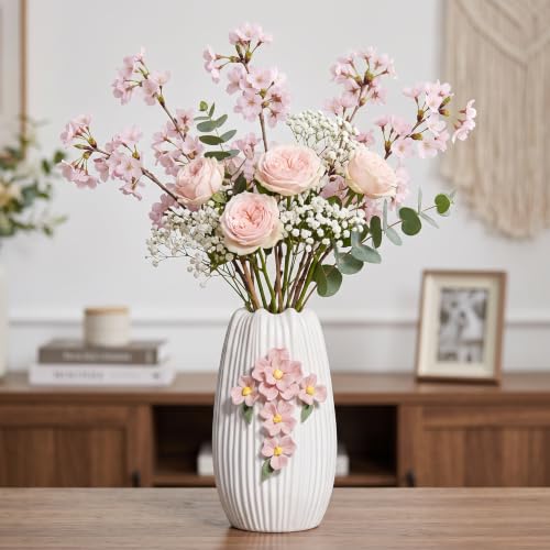 Ceramic Flower Vase,White Modern Vase for Pampas Grass, 9 Inch - color: White and Pink, size: 9 inch