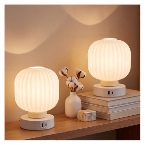 Elenhome Touch Bedside Glass Table Lamp Set of 2 with 3 Way Dimmable Light, Small Table Lamps with USB C+A Charging Ports - Bedroom Nightstand & Living Room Essential, Bulb Included - color: White_2pack