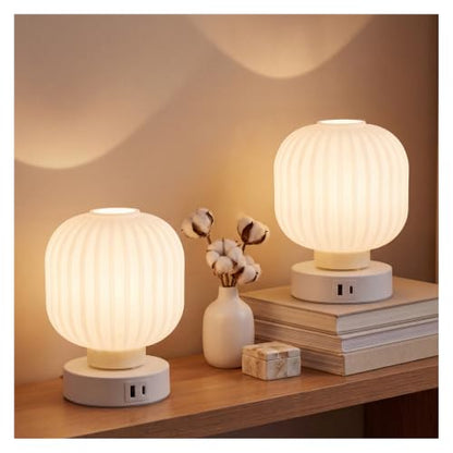 Elenhome Touch Bedside Glass Table Lamp Set of 2 with 3 Way Dimmable Light, Small Table Lamps with USB C+A Charging Ports - Bedroom Nightstand & Living Room Essential, Bulb Included - color: White_2pack