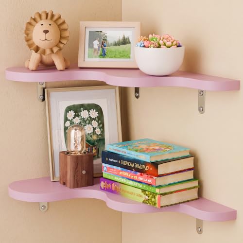 Cute Cloud Corner Shelves - Set of 2 Pink Wooden Floating Corner Shelves Wall Mounted, 90-Degree Space-Saving Nursery Shelves with Brackets, Kids Room Decor for Bedroom,Living Room,Bathroom - color: A-pink Cloud Corner Shelves, size: 2-Tier