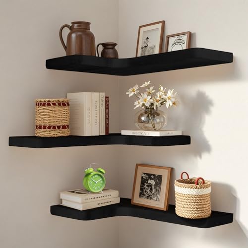 Floating Corner Shelves Set of 3, Solid Wood Picture Wall Shelf, Floating Shelves for Storage for Bedroom Kitchen Bathroom Living Room (Black) - color: Black