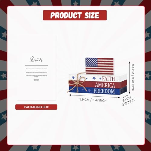 Smile Patriotic Wooden Block Stack with American Flag Decor, 4-Piece "Faith America Freedom" Tiered Tray Tabletop Sign for 4th of July & Memorial Day - style: Flag