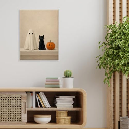Halloween Wall Art Decor, Ghost Cat Pumpkin Canvas Print Framed - color: E