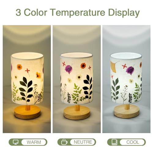 Pressed Flowers Table Lamp 5W LED 3Color Temperatures Dried Flower Bedside Lamp Linen Shade with Wood Base for Bedroom Living Room Desk Office - color: Leaf-3-Color