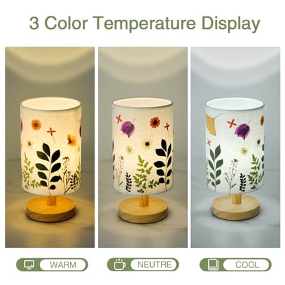 Pressed Flowers Table Lamp 5W LED 3Color Temperatures Dried Flower Bedside Lamp Linen Shade with Wood Base for Bedroom Living Room Desk Office - color: Leaf-3-Color