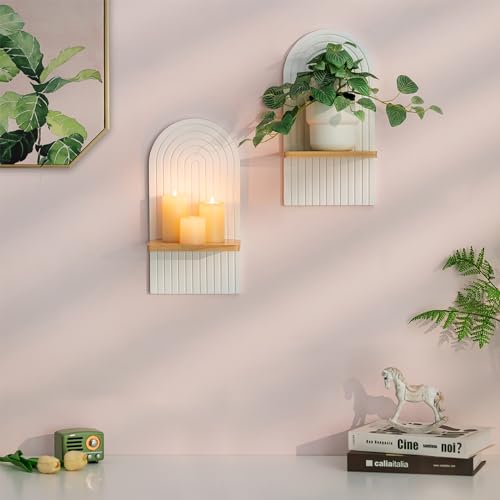 Boho Wall Candle Holder Set of 2 with White Arched 3D Design - color: White