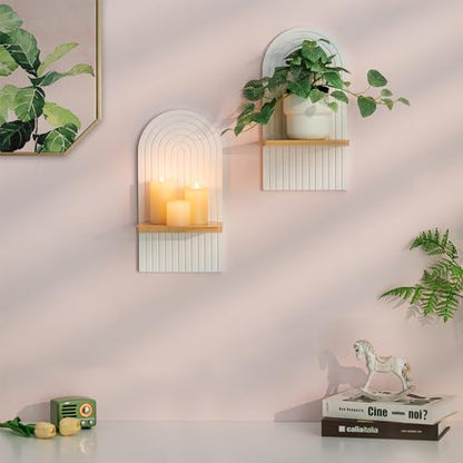 Boho Wall Candle Holder Set of 2 with White Arched 3D Design - color: White
