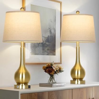 26" Gold Table Lamps Set of 2 for Living Room, Touch Control Bedroom Lamps for Nightstand, 3-Way Dimmable Bedside Lamp with USB A+C Port (2 LED Bulbs Included) - color: Gold - 26"H