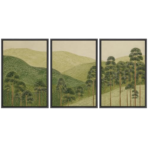wall26 Framed Canvas Print Wall Art Set Mountain Forest Retro Woodland Scenery Illustrations Fine Art Decorative for Living Room, Bedroom, Office - 16"x24"x3 BLACK - color: A18-2608-B16, size: 16" x 24" x 3 Panels BLACK