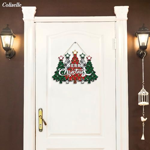 Wooden Merry Christmas Door Sign,Christmas Tree Door Wreath for Front Sign Wall Signs,Decoration Farmhouse Hanging Plaque,Hanging for Home Wall Decor Party(Red)