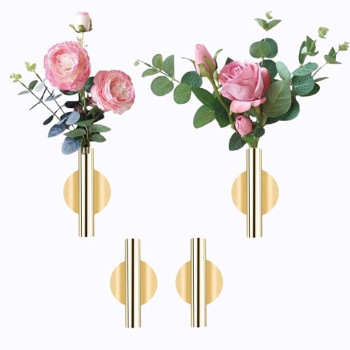 AIM & GGKK Wall Planters,4 Pcs Wall Mounted Metal Hanging Plant Holder for Indoor Small Gold Boho Flower Vase Tube for Modern Home Decor Display Art Bedroom Bathroom Living Room