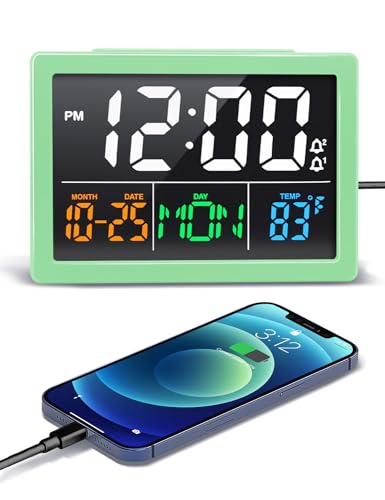 JALL Digital Clock with Date Day for Seniors, Electric Alarm Clocks for Bedrooms with Temperature, 2 Alarms, Dimmer, Dual USB Charger, Battery Backup, Volume Control, Snooze, Bedside Desk Clock, Green - color: Green