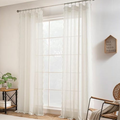 DriftAway Semi Sheer Scalloped Edge Linen Coastal Beach Window Curtains for Living Room Bedroom 2 Panels Rod Pocket Each Size 52 Inch by 102 Inch Taupe - color: Linen Taupe, size: 52"W x 102"L (Pack of 2)
