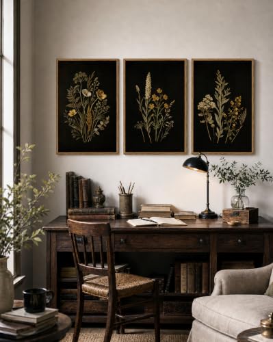 InSimSea Large 3 Pieces Botanical Wall Art, Dark Moody Wildflower Prints - color: Dark Flora Triptych