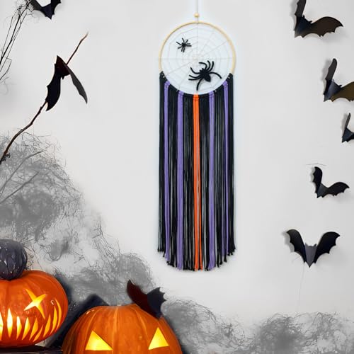 EOBTAIN Halloween Macrame Wall Hanging,Spider Web Dream Catchers,Black Purple and Orange Tassels Pure Cotton Cord Textile Wall Art,Halloween Decorative Woven Tapestry for Home Decor,9.8x32.8 Inch - color: Purple Black