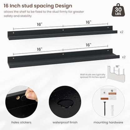 Axeman Picture Ledge Shelf, 36 Inch Black Floating Shelves Set of 4 - color: Black, size: 36 Inch