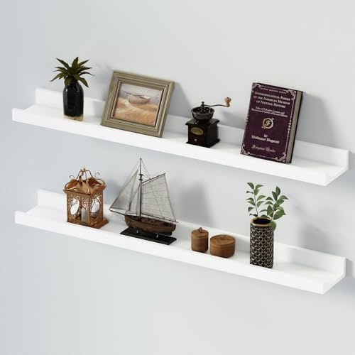 SAUMONIERES Picture Ledge Shelf Floating Book Shelves Set of 2 Wall Mounted Solid Wood for Bedroom Bathroom Living Room Kitchen, 36 Inch White - color: White, size: 36 inch