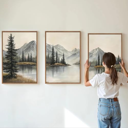 Tinonedraw Snow Mountain Framed Canvas Wall Art, 3 Piece Misty Forest Landscape Wall Decor, Rustic Woodland Picture Art Prints, Nature Pine Trees Art Paintings for Living Room Bedroom Cabin 16"x24"x3 - color: Snow Mountain, size: 24"L x 16"W