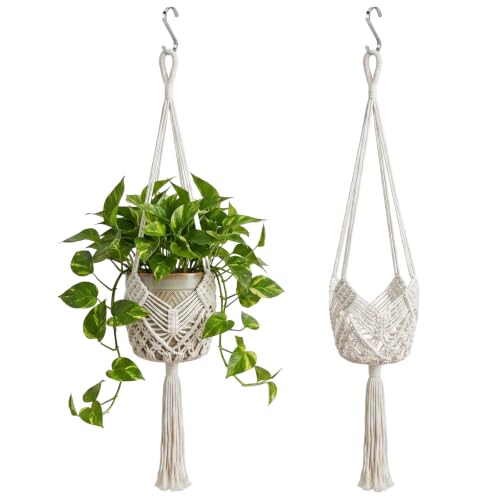 Boho Macrame Plant Hanger with Hooks, Rope Hanging Baskets for Plants - color: White 2pack Pots Not Included